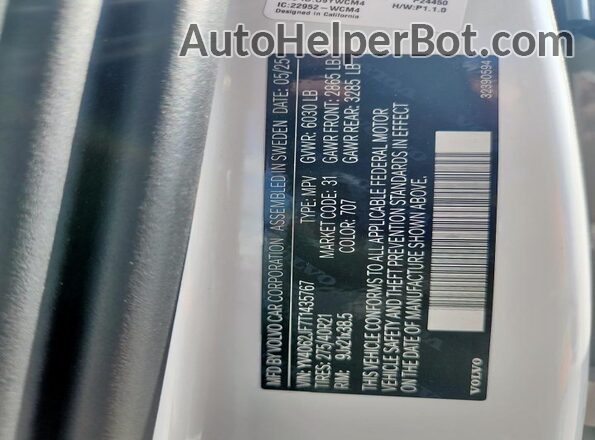 YV4062JF7T1435767 2026 VOLVO XC90 White Вид наклейки з VIN-кодом