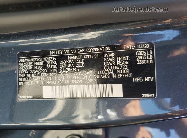YV4102CK7L1611295 2020 VOLVO XC90 Blue სალონის 360-გრადუსიანი ხედი