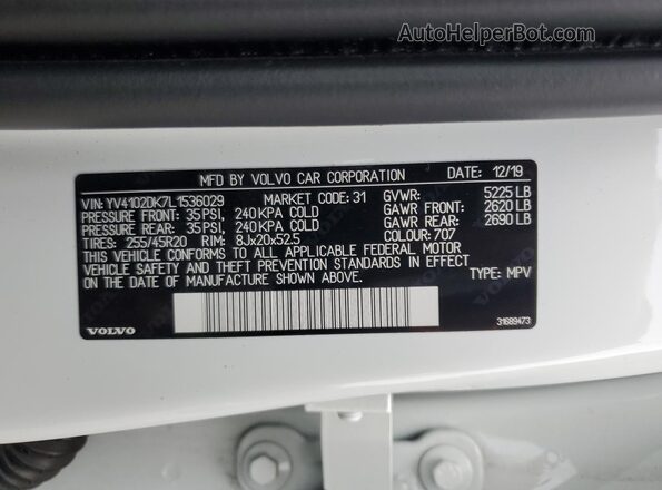 YV4102DK7L1536029 2020 VOLVO XC60 Белый Вид наклейки с VIN-кодом