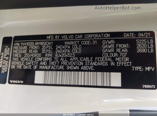 YV4102DL6M1856341 2021 VOLVO XC60 White Շարժիչի բաժամունքի տեսք