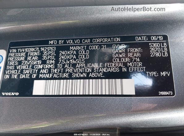 YV4102RK7L1421763 2020 VOLVO XC60 Silver 