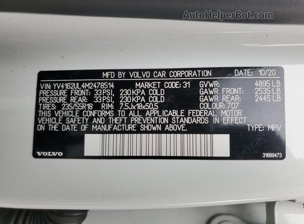 YV4162UL4M2478514 2021 VOLVO XC40 White VIN sticker view