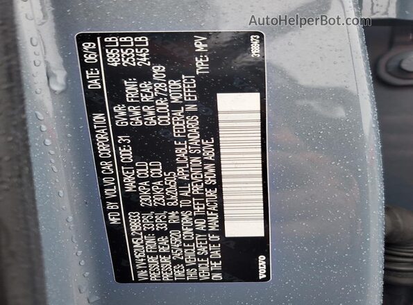 YV4162UM5L2198933 2020 VOLVO XC40 Gray Vista de la etiqueta del VIN