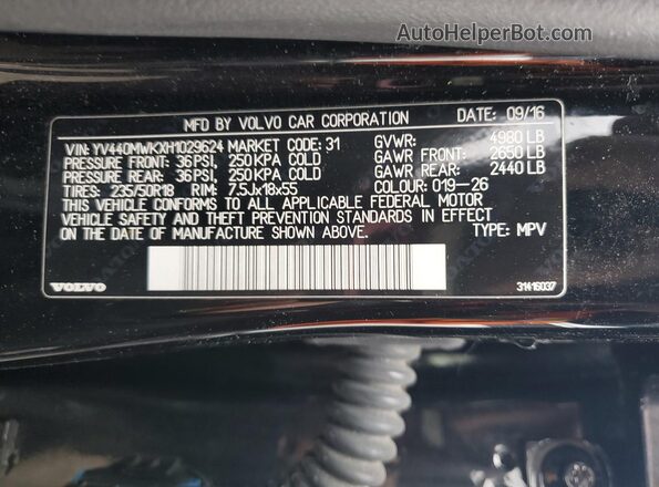 YV440MWKXH1029624 2017 VOLVO V60 Black VIN sticker view