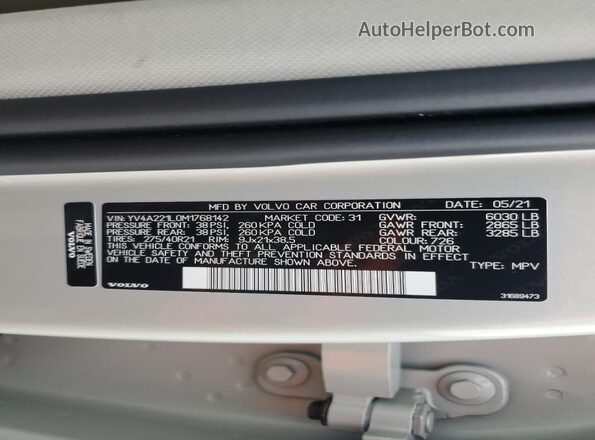 YV4A221L0M1768142 2021 VOLVO XC90 Silver Widok naklejki z numerem VIN