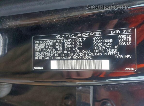 YV4A22PK5G1069205 2016 VOLVO XC90 Black VIN კოდის სტიკერის ხედი