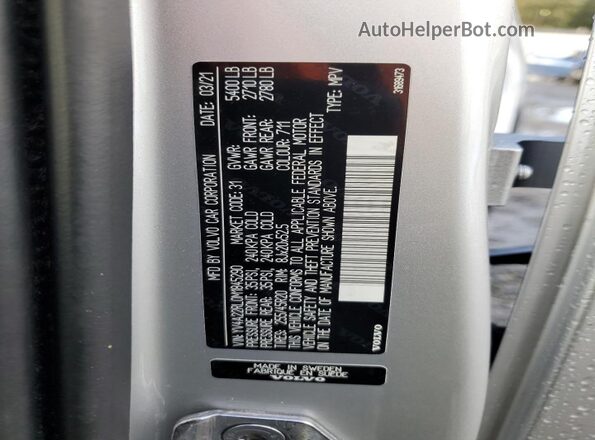YV4A22RL0M1845290 2021 VOLVO XC60 Silver VIN կոդի պիտակի տեսք