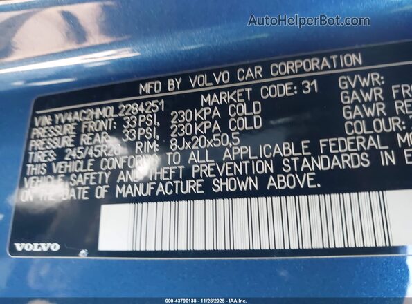 YV4AC2HM0L2284251 2020 VOLVO XC40 Blue ძრავის განყოფილების ხედი
