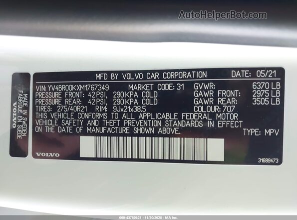 YV4BR00KXM1767349 2021 VOLVO XC90 RECHARGE PLUG-IN HYBRID White Widok komory silnika