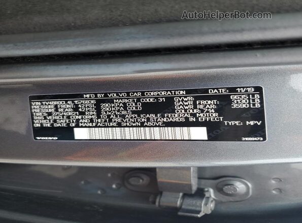 YV4BR0CL4L1576836 2020 VOLVO XC90 Gray VIN კოდის სტიკერის ხედი