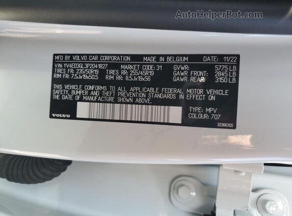 YV4ED3GL3P2041827 2023 VOLVO C40 White VIN კოდის სტიკერის ხედი
