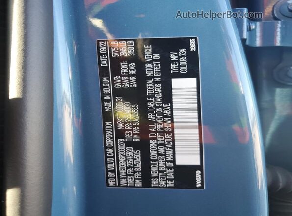 YV4ED3GM6P2030278 2023 VOLVO C40 Blue Vista de la etiqueta del VIN