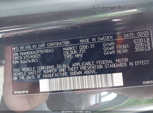 YV4H600A2P1978043 2023 VOLVO XC90 RECHARGE PLUG-IN HYBRID Gray ძრავის განყოფილების ხედი