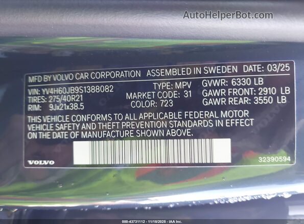 YV4H60JB9S1388082 2025 VOLVO XC90 PLUG-IN HYBRID Navy Widok komory silnika