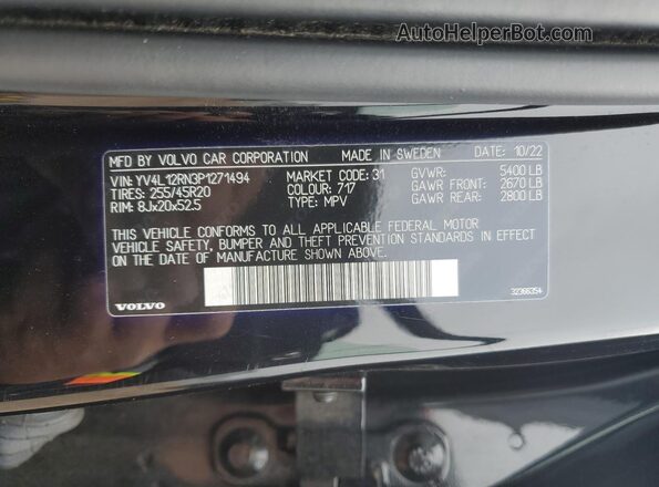 YV4L12RN3P1271494 2023 VOLVO XC60 Black Vista de la etiqueta del VIN