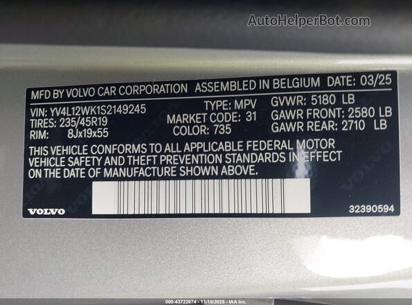 YV4L12WK1S2149245 2025 VOLVO V60 CROSS COUNTRY Silver Շարժիչի բաժամունքի տեսք