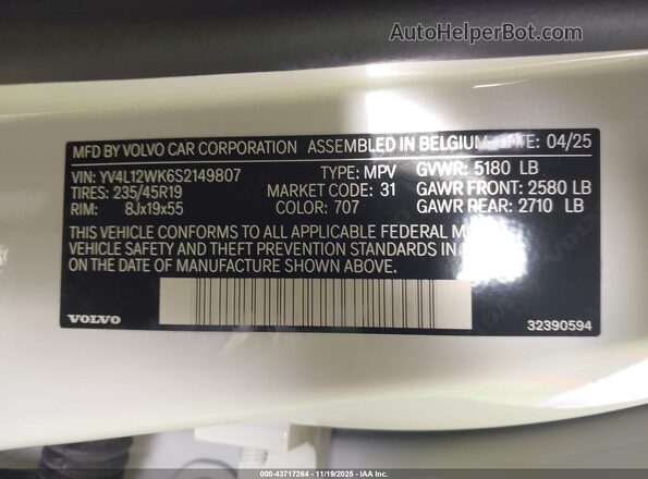 YV4L12WK6S2149807 2025 VOLVO V60 CROSS COUNTRY White Engine compartment view