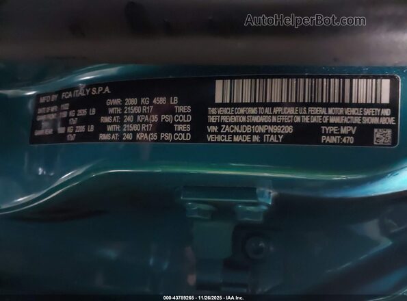 ZACNJDB10NPN99206 2022 JEEP RENEGADE Teal Engine compartment view