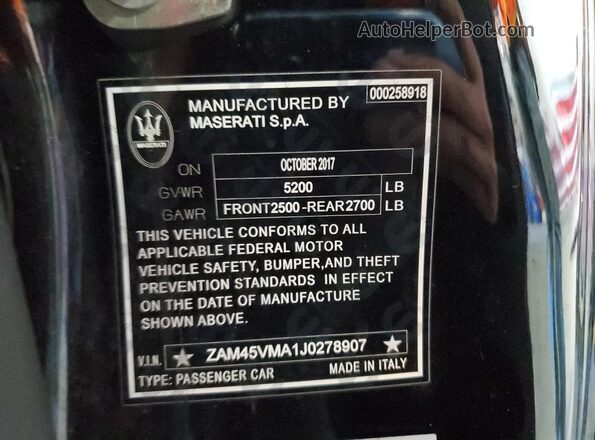ZAM45VMA1J0278907 2018 MASERATI GRANTURISM Black VIN კოდის სტიკერის ხედი