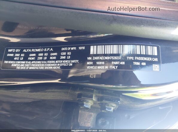 ZARFAECN0H7528237 2017 ALFA ROMEO GIULIA Black Շարժիչի բաժամունքի տեսք