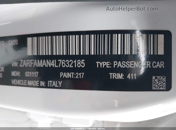 ZARFAMAN4L7632185 2020 ALFA ROMEO GIULIA White Շարժիչի բաժամունքի տեսք