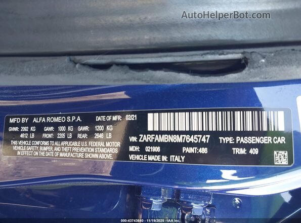 ZARFAMBN8M7645747 2021 ALFA ROMEO GIULIA Blue Շարժիչի բաժամունքի տեսք