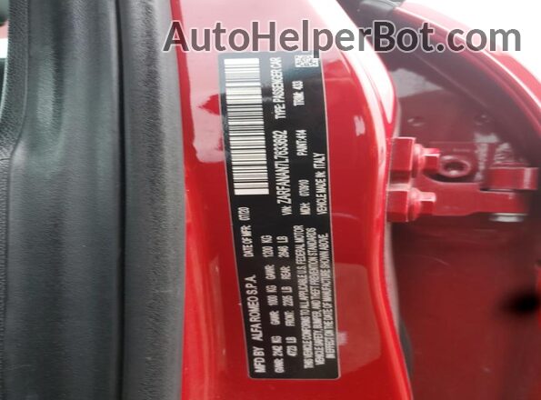 ZARFANAN7L7633692 2020 ALFA ROMEO GIULIA Red VIN կոդի պիտակի տեսք