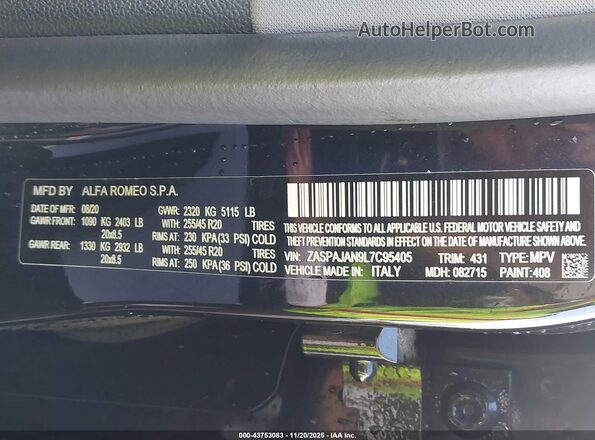 ZASPAJAN9L7C95405 2020 ALFA ROMEO STELVIO Black Widok komory silnika
