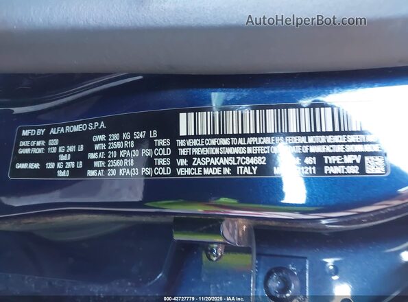 ZASPAKAN5L7C84682 2020 ALFA ROMEO STELVIO Blue Vista del compartimento del motor