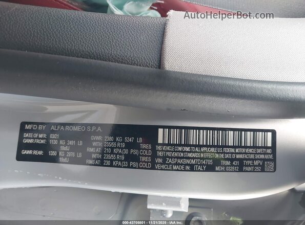 ZASPAKBN0M7D14705 2021 ALFA ROMEO STELVIO Серебряный Вид подкапотного пространства