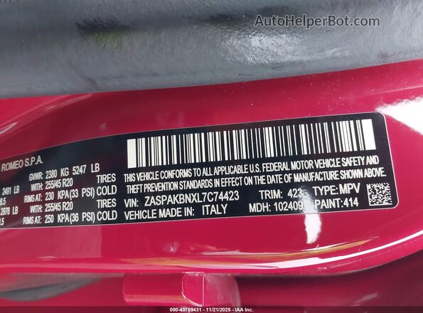 ZASPAKBNXL7C74423 2020 ALFA ROMEO STELVIO Red 