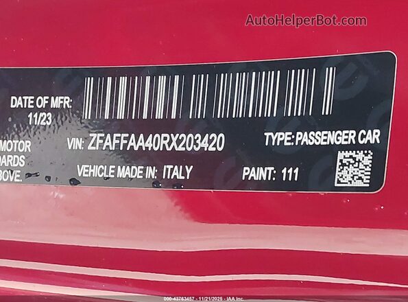 ZFAFFAA40RX203420 2024 FIAT 500E Red Շարժիչի բաժամունքի տեսք