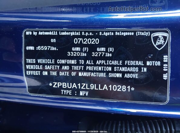ZPBUA1ZL9LLA10281 2020 LAMBORGHINI URUS Синий 