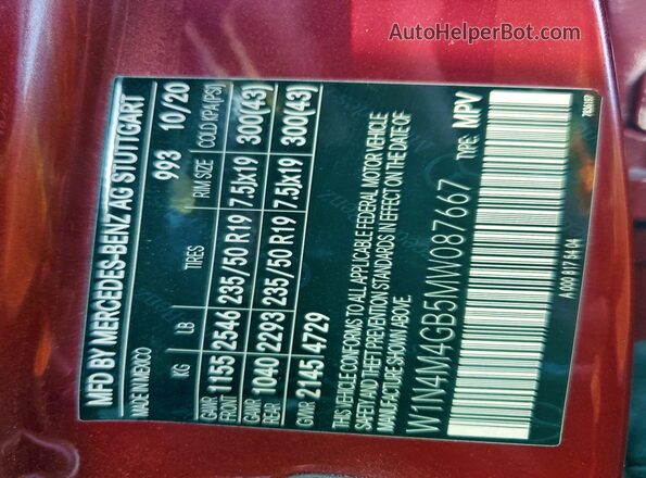 W1N4M4GB5MW087667 2021 MERCEDES-BENZ GLB-CLASS Red 