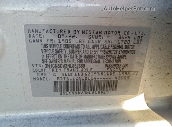 3N1CN8DV3NL862869 2022 NISSAN VERSA Silver Widok naklejki z numerem VIN