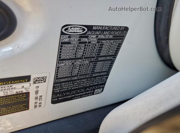 SALYK2EX3LA273746 2020 LAND ROVER RANGE ROVER White Панорамний вид салону 360°