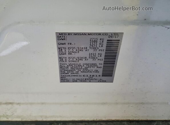 5N1DR2MM0JC613814 2018 NISSAN PATHFINDER White 