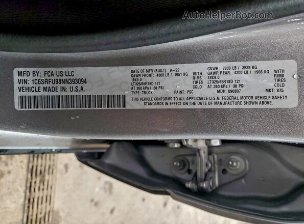 1C6SRFU98NN393094 2022 RAM 1500 Silver Vista de la etiqueta del VIN