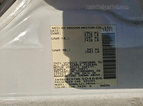 1N4BL4CV7NN304666 2022 NISSAN ALTIMA White Widok naklejki z numerem VIN