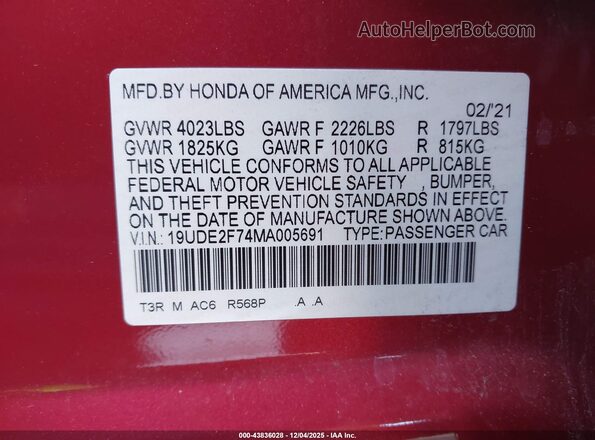 19UDE2F74MA005691 2021 ACURA ILX Red Engine compartment view