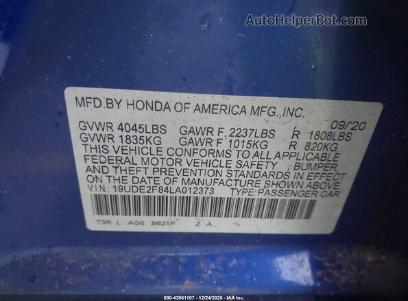 19UDE2F84LA012373 2020 ACURA ILX Blue Vista del compartimento del motor