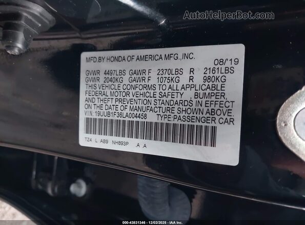 19UUB1F36LA004458 2020 ACURA TLX Black ძრავის განყოფილების ხედი