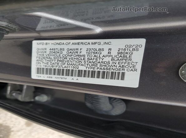 19UUB1F37LA011502 2020 ACURA TLX Gray Widok komory silnika