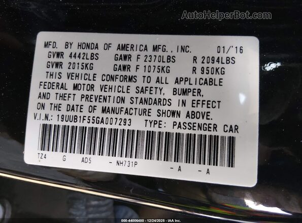 19UUB1F55GA007293 2016 ACURA TLX Black Vista del compartimento del motor