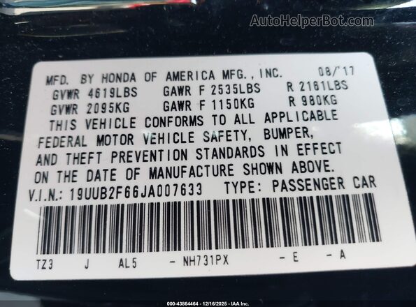 19UUB2F66JA007633 2018 ACURA TLX Black 
