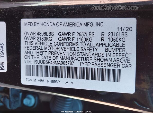 19UUB5F46MA005787 2021 ACURA TLX Black 