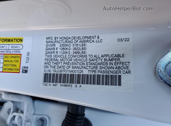 19UUB7F01NA001026 2022 ACURA TLX White Вид підкапотного простору