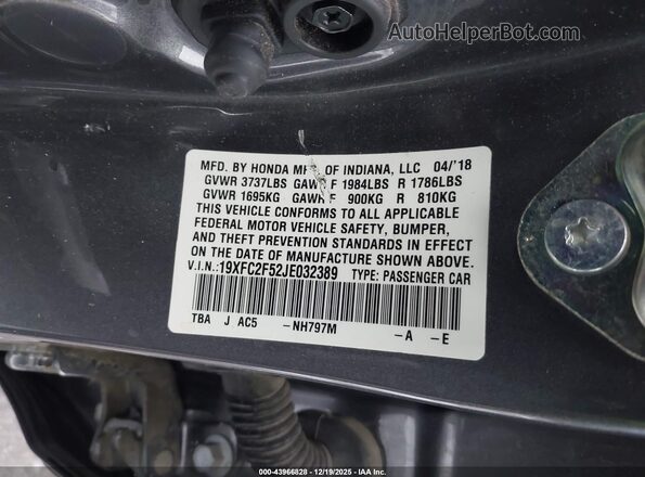 19XFC2F52JE032389 2018 HONDA CIVIC Серый Вид подкапотного пространства