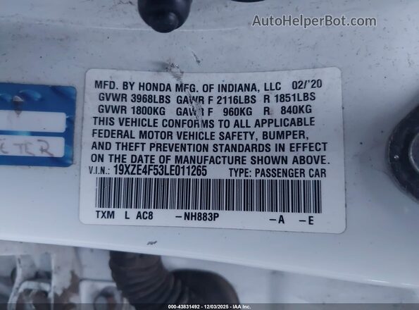 19XZE4F53LE011265 2020 HONDA INSIGHT White Engine compartment view