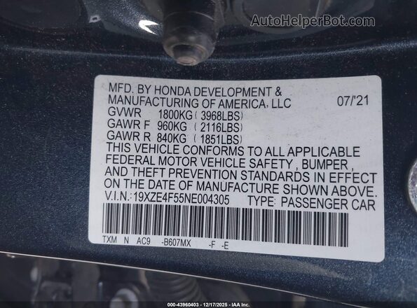 19XZE4F55NE004305 2022 HONDA INSIGHT Blue Engine compartment view